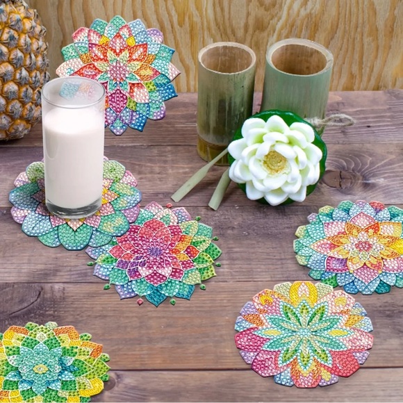 DIY 8 Lotus Flower Coasters, 5D Diamond Painting Kit W/ Tools and Rhinestones - Picture 4 of 7